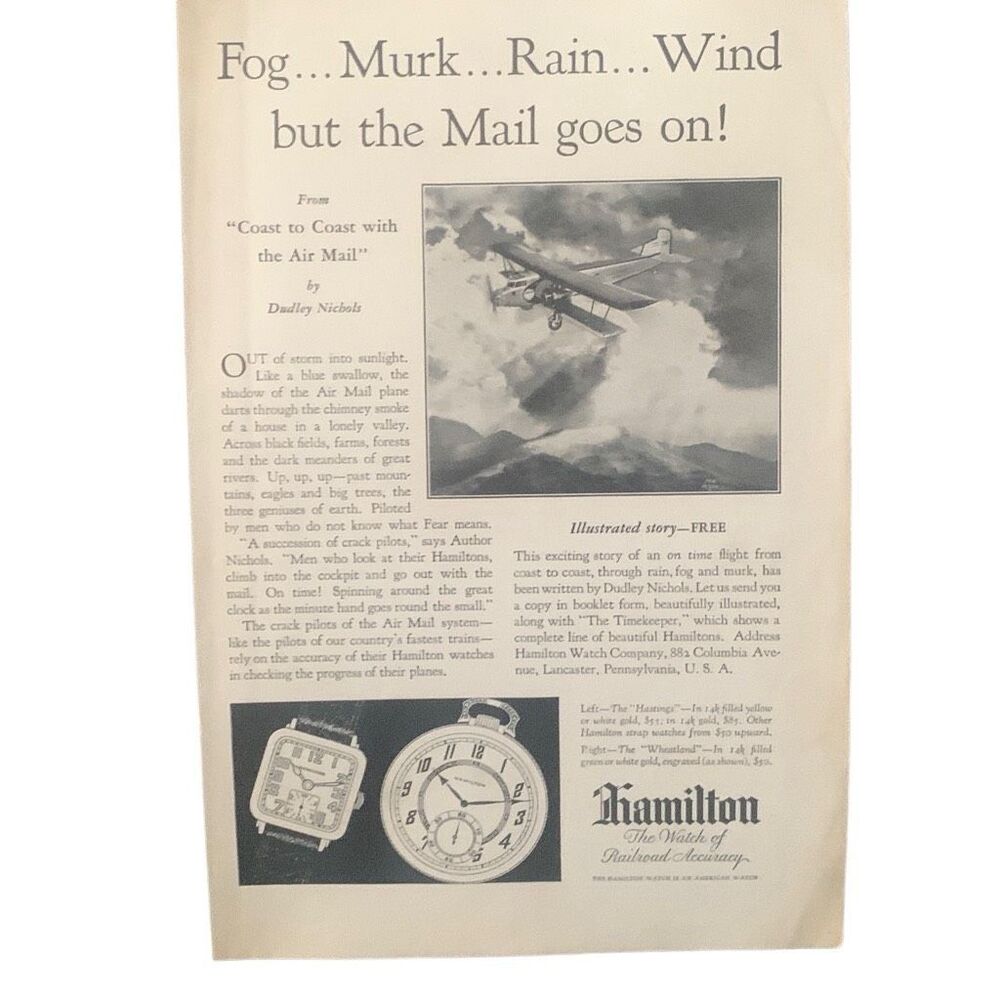 Vintage 1929 Hamilton Watch Mail Goes On Ad Advertisement